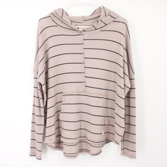 Billabong Waffle Knit Striped Beige Pullover Hooded Sweatshirt Surfer Size S - Picture 1 of 6